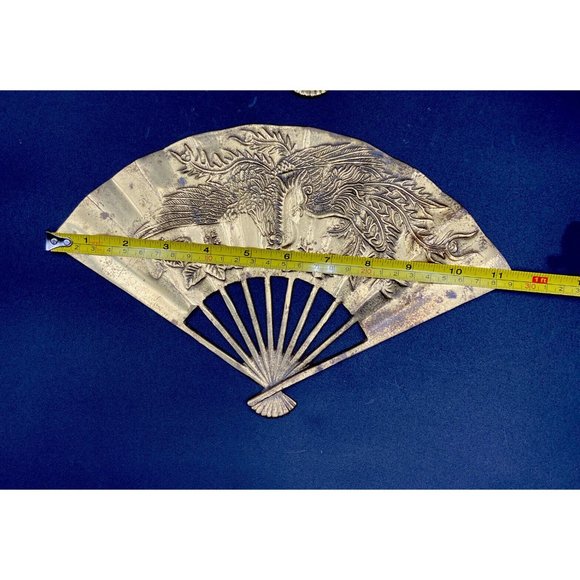 2 Vintage Solid Brass Oriental Style Hand Fan Phoenix Dragon Wall Decor 7”x11” - Picture 5 of 5
